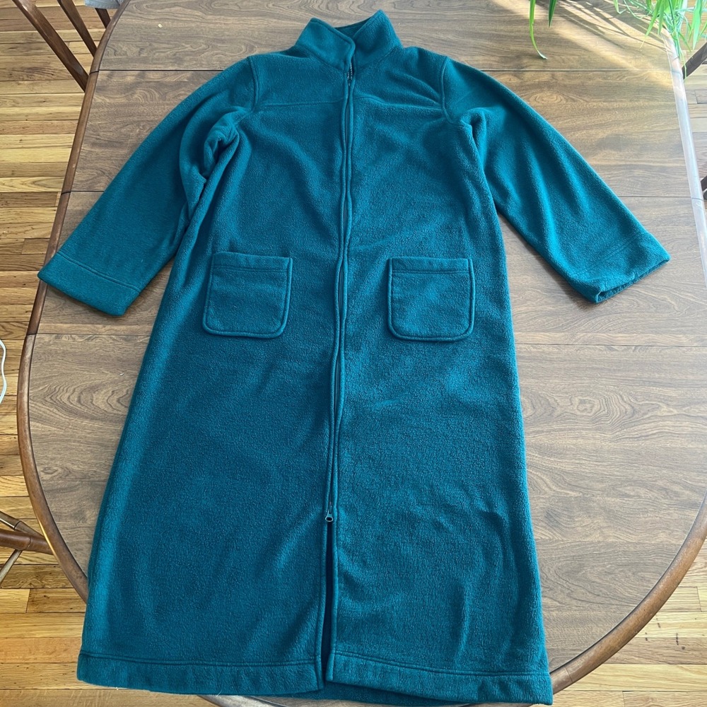 LL Bean Fleece Robe Womens Large Teal Blue Full Zip Long Loungewear Pockets